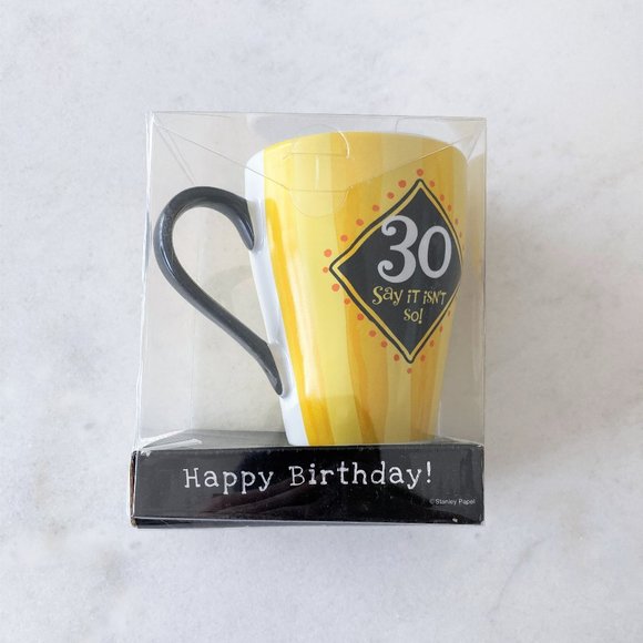 NIB! New Happy 30th birthday mug (30 - Say it isn't so!), yellow stripe / black - Picture 2 of 2